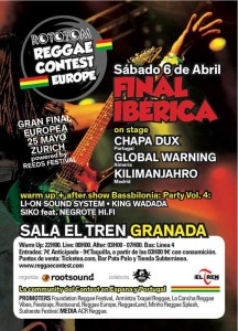 Final ibérica del concurso European Reggae Contest, el 6 de abril en la sala El Tren de Granada con Chapa Dux, Kilimanjahro y Global Warning en directo